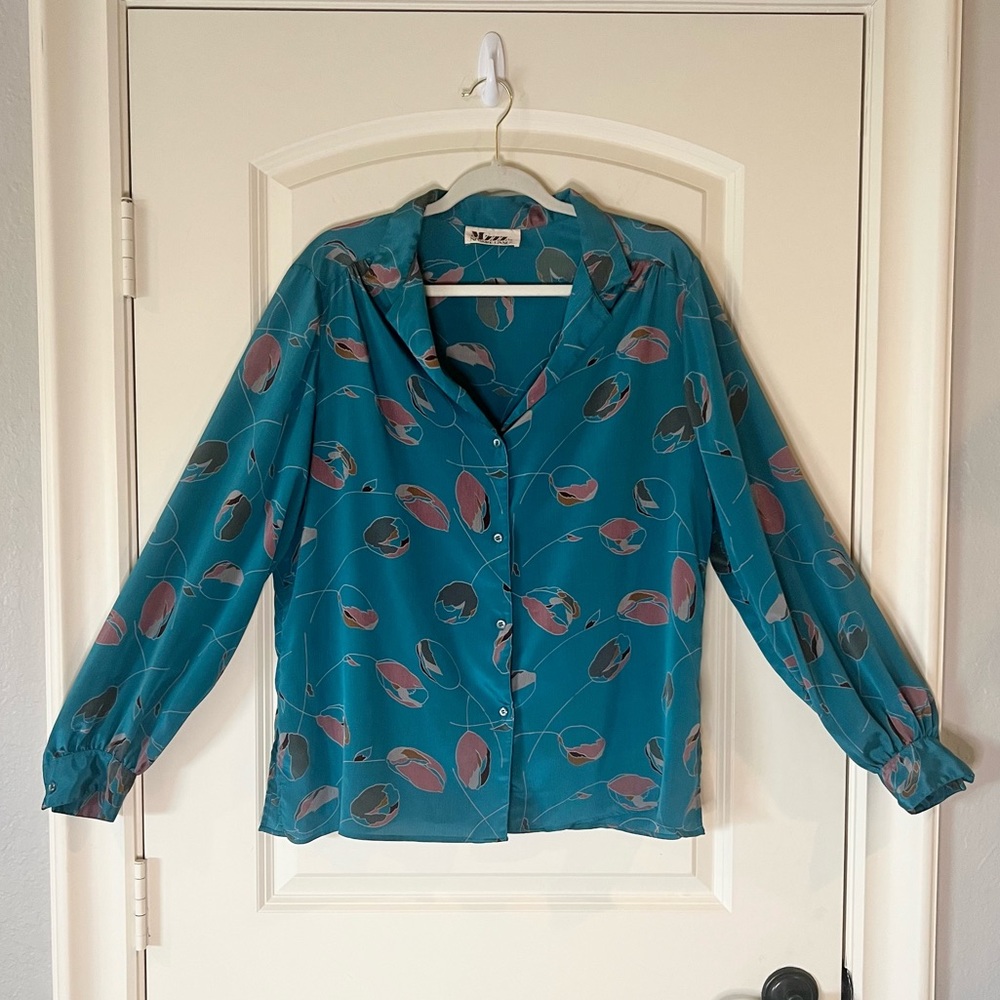 Vintage Mzzz Stuart Lang Teal  Mauve Floral Blouse Medium Large 80s